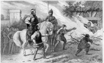 Chlothar I (497-561) は560年に反乱を起こした息子と家族を焼いた - フランク王Clotaire (Clothaire) I (497-561) は560年に反乱を起こした息子Chramne (Chram, Chramn)とその妻を焼いた - 「Histoire de France」に掲載されている1825年のエングレービング。 作： Ambroise Tardieu