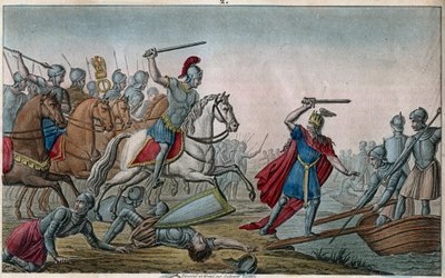 髪の毛」と呼ばれたクロディオン（428-448）、メロビンジアンの祖先、サリアン・フランの指導者 - クロディオンはヴァレンティニアン3世の将軍アエティウスに敗れ、ライン川に鉄を投げ入れさせられた - 1825年にアンブロワーズ・タルデューが描いた絵と墓 作： Ambroise Tardieu