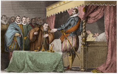 フランス王アンリ3世（1551-1589）、死の床でヘンリー・オブ・ナバラ（アンリ4世）を正統な後継者と認める - 8月2日、サン＝クルー 作： Ambroise Tardieu