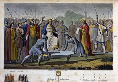ユーグ・カペ（v. 941 - 996）は、ノヨンで開催された大王国の議会において、満場一致（後の教皇シルヴェストル2世であるジェルベール・ドーリヤックの功績が大きい）でフランス王（987年）に選出された（盾の上に立つユーグ・カペ） - 絵と墓b 作： Ambroise Tardieu