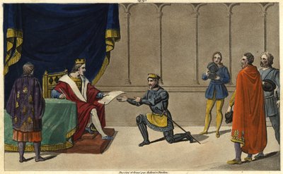 1327年、シャルル4世（1294年～1328年）は、ロベール・ド・クレルモンの息子でサン・ルイの孫であるルイ1世のために、ブルボン家の領主権をデュシュ・ペアリー（二人一組の領主）にエリジした。 作： Ambroise Tardieu