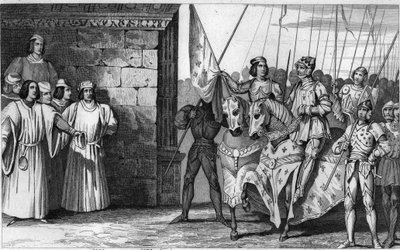 ジョーン・オブ・アーク（1412-31）が1429年にランスに到着し、シャルル7世（1403-61）の戴冠式を待つ - シャルル7世は「勝利者」と言った（1403-1461） - イングランドはオルレアンに席を作ったが、ジョーン・オブ・アークは席を上げ、オルレアンをデリブルし、王をレイに導いた 作： Ambroise Tardieu