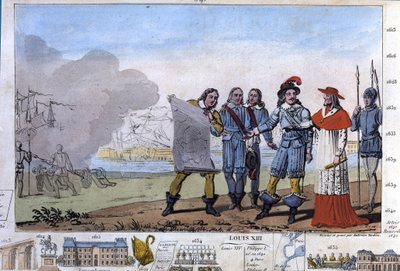 ルイ13世（1601年-1643年）とリシュリュー枢機卿、ラ・ロシェルのプロテスタントの武具置き場にて。- 1825年にAmbroise Tardieuがデザイン、彫刻したもの。 作： Ambroise Tardieu
