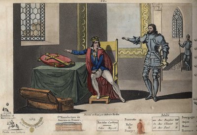 ルイ11世（1423-1483）はペロンヌで囚われの身となったが、彼の居室からはシャルル3世が6年間の捕虜生活の末に亡くなった塔が見える。ルイ11世は、シャルルマーニュの十字架の上で、シャルルマーニュとの条約を忠実に守ることを誓って初めて自由を得た。 作： Ambroise Tardieu
