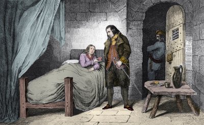 病気で投獄されたルイ17世（1785～95年） - フランス王太子 ルイ17世（1785～1795年）が病気で神殿の牢獄に入っている様子 - 1825年のエングレーヴィング「フランスの子供たちとその教育のための従業員に献呈された共観的な絵画で表現されたフランス史」の中で 作： Ambroise Tardieu