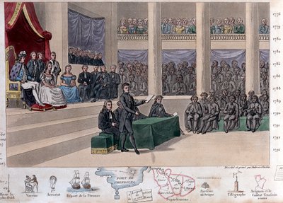 ルイ16世（1754年～1793年）の絶対王政に反発した政治的危機の後、1787年に行われた貴族集会、国家総会議、ネッケル召還でのルイ16世 - 1825年にアンブロワーズ・タルデューが描いた絵と墓碑銘 作： Ambroise Tardieu