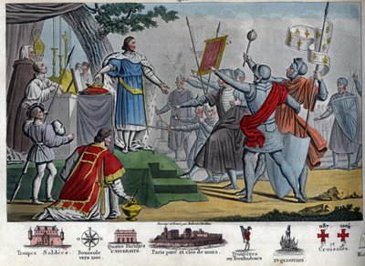 アウグストゥス」と呼ばれたカペティア王フィリップ2世（1165-1223）は、ブーヴィネスの戦いの前日に、王冠を保持できたら兵士に譲ることを提案するが、全員が王の保持を希望する。この戦いに勝利することで、フィリップ2世は連立政権を破壊した 作： Ambroise Tardieu
