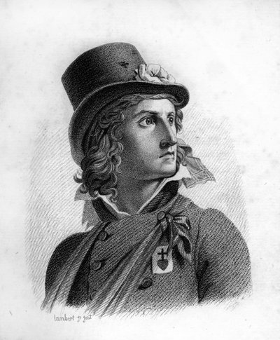 ラ・ロシュジャクレン伯爵（またはヴェルジェ・ド・ラ・ロシュジャクレン）（1772-1794）の肖像。胸にはベンダーの徽章をつけている。- in "Portraits of the French generals following the victories and conquests of the French".エングレービングされた 作： Ambroise Tardieu