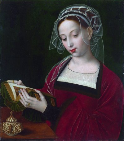 ""Mary Magdalene reading"" アンブロシウス ベンソン (1495-1550) による絵画、1525 年頃 ロンドン ナショナル ギャラリー 作： Ambrosius Benson