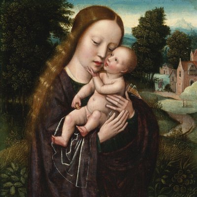 聖母子像 - アンブロシウス・ベンソン（1495-1550）。木に油彩。寸法：14,5x14,5 cm。個人蔵 作： Ambrosius Benson