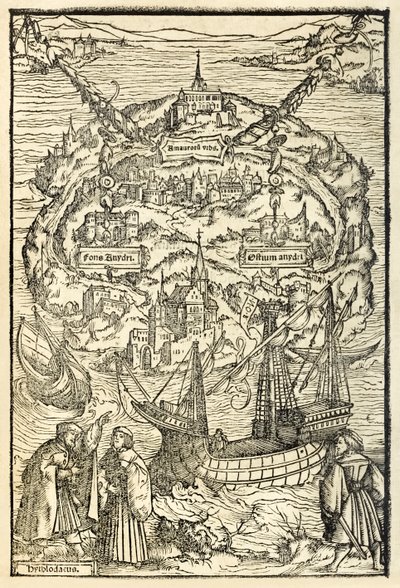 トーマスモア卿（1478-1535）による1518年のユートピアのニューユートピア島の地図。1516年に初公開。アンブロシウスホルバイン（1494〜1519年頃）の木版画にプロタゴニスのある島を表示 作： Ambrosius Holbein