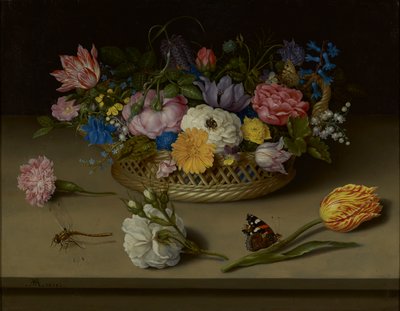 花、トンボ、アカタテハの静物 作： Ambrosius the Elder Bosschaert