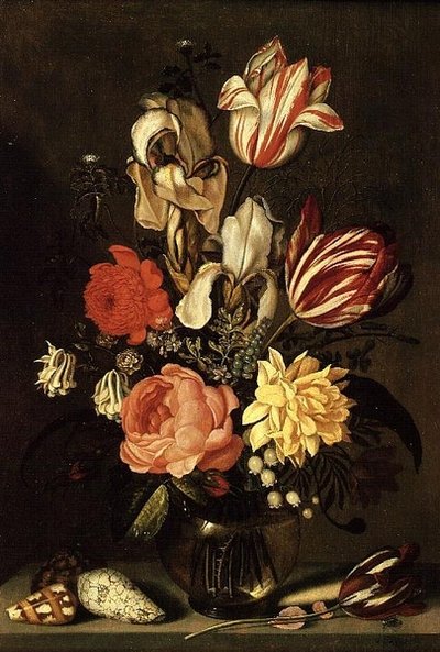 貝殻とハエのいる台座の上のミックスフラワー 作： Ambrosius the Younger Bosschaert