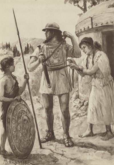 青銅器時代のイタリック人の農民が戦いのために武装している様子（リトグラフ 作： Amedee (after) Forestier