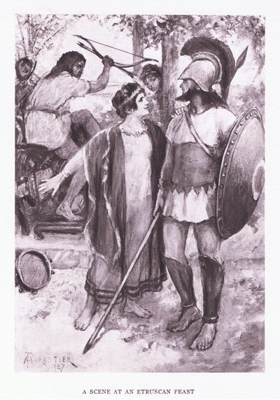 エトルリアの饗宴でのシーン、1928年のローマの兵士のイラスト 作： Amedee Forestier