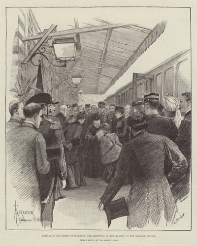 フィレンツェの女王の到着、鉄道駅での女王陛下のレセプション 作： Amedee Forestier
