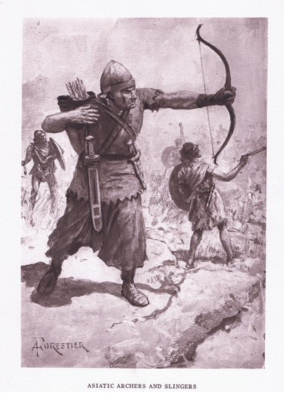 アジアの射手とスリンガー、1928年のローマの兵士のイラスト 作： Amedee Forestier