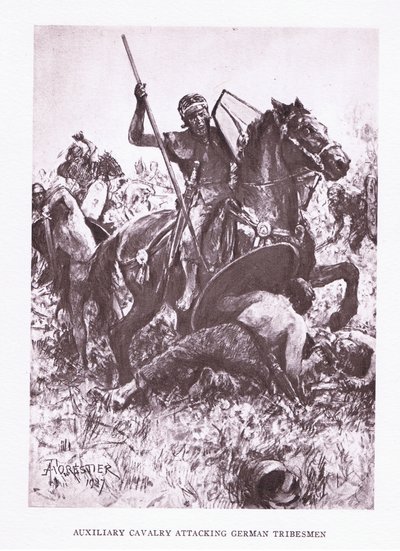 ドイツの部族を攻撃する補助騎兵隊、1928年のローマ兵士のイラスト 作： Amedee Forestier