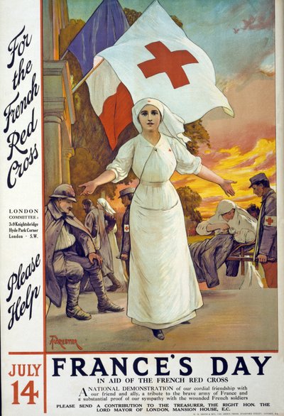 7月14日、フランスの日にパブのフランス赤十字社を支援する募金活動。ロンドン、1915年頃 作： Amedee Forestier