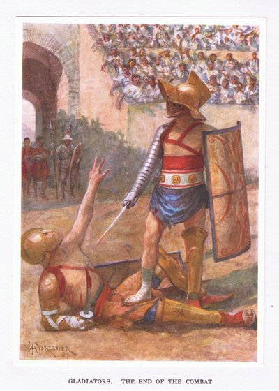 剣闘士、戦闘の終わり、イラスト、ローマの兵士、1928 作： Amedee Forestier