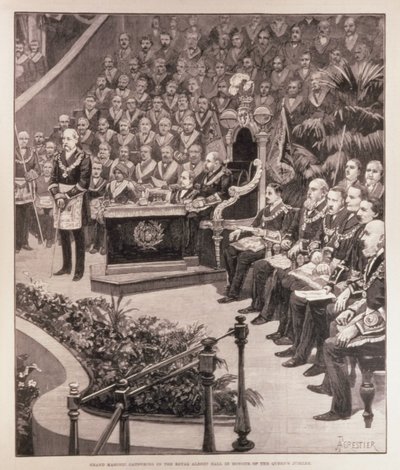 1887年6月18日の「The Illustrated London News」より、女王のジュビリーを称えるロイヤルアルバートホールでのグランドフリーメーソンの集会 作： Amedee Forestier