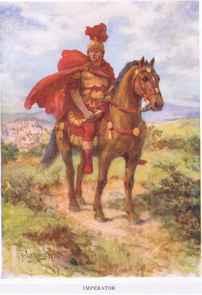 皇帝：もともとここのように、勝利したローマの将軍は野原で彼の兵士によって敬礼されました。後でタイトルは皇帝だけのために予約されました、イラストはローマの兵士、1928（colou 作： Amedee Forestier