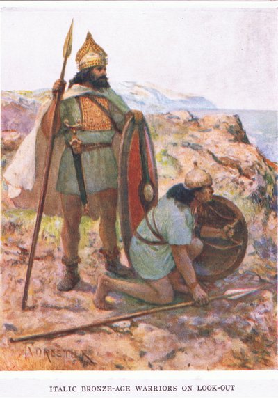 イタリック系の青銅器時代の戦士たちが警戒している様子（「ローマの兵士」のイラスト 作： Amedee Forestier