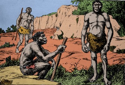 先史時代：ローデシア（現在のアフリカ、ザンビア）で化石が発見されたホモ・サピエンスの祖先、ホモ・ロデシエンシス（ブロークンヒルの人）を表現。A.フォレスティアが描いたもの。DR 作： Amedee Forestier