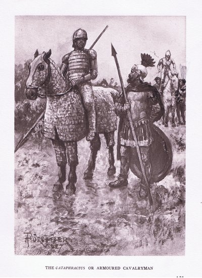 カタフラクタスまたは装甲騎兵、1928年のローマの兵士のイラスト 作： Amedee Forestier