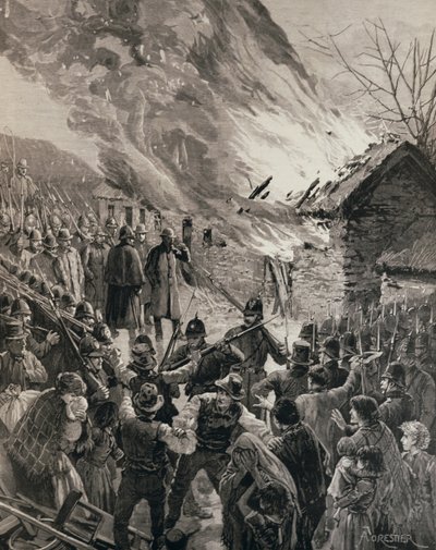 アイルランドでの家賃戦争：1887年1月29日の「The Illustrated London News」より、デリー州グレンベイで立ち退きした借家の家を焼く 作： Amedee Forestier