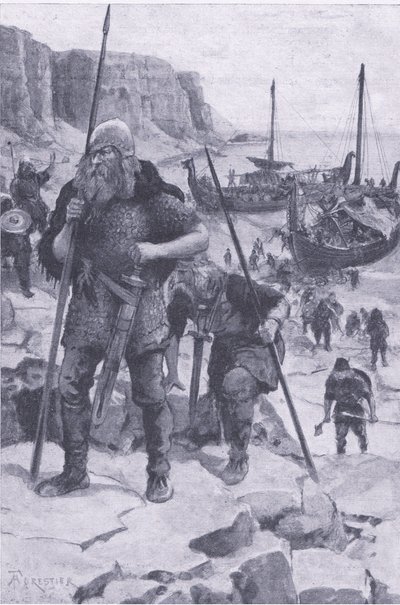 1922年に発行された「My Magazine」に掲載された「The Vikings find America」（リトグラフ）。 作： Amedee Forestier