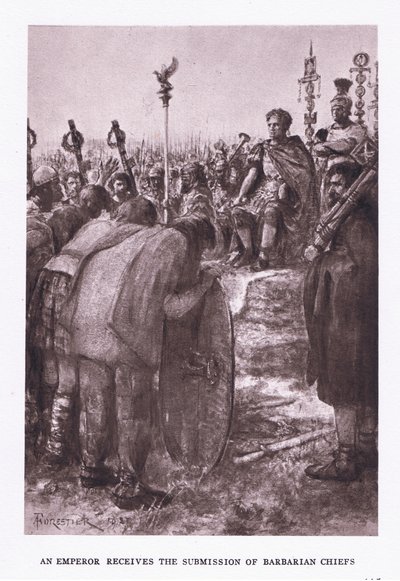 皇帝は1928年にローマの兵士から野蛮な首長たちの挿絵を受け取りました。 作： Amedee Forestier