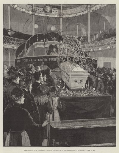 1892年2月9日、幕府メトロポリタン幕屋の棺を見る亡くなったCHスポルジョン氏 作： Amedee Forestier