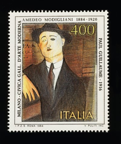 アメデオ・モディリアーニ（1884-1920）を讃えるイタリア芸術シリーズの郵便切手で、「ポール・ギョームの肖像」（1916年）が描かれている、400リラの切手。 作： Amadeo (after) Modigliani