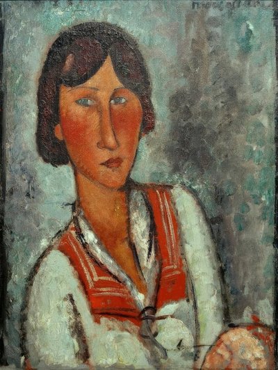 船乗りの首輪を持つ若い女性の半身像 作： Amedeo Modigliani