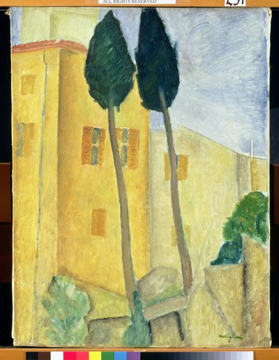 ヒノキの木と家、1919 作： Amedeo Modigliani