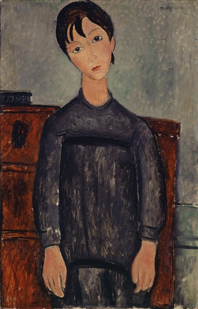 1918年、黒いピナフォアに立っている少女 作： Amedeo Modigliani
