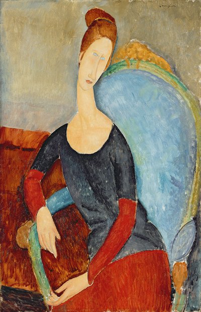 Mme Hebuterne、青い椅子、1918年 作： Amedeo Modigliani