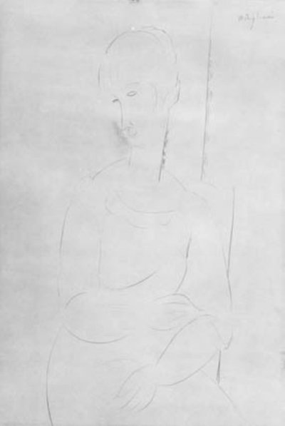 座っている若い女の子の肖像画。 ひざまずく肖像画、頭を左に向ける 作： Amedeo Modigliani