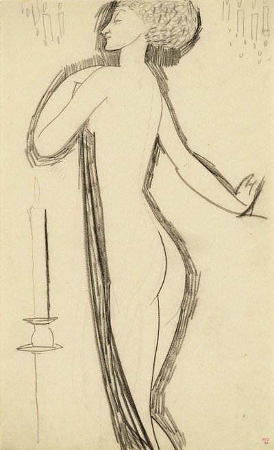 ロウソクの横に立っている女性の裸婦c。 1911 作： Amedeo Modigliani