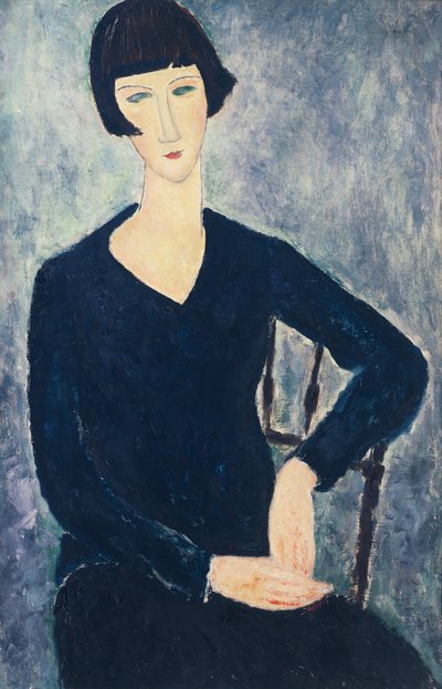 フリンジをつけた若い女性、または青いドレスを着た若い座った女性 作： Amedeo Modigliani