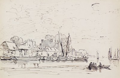 はしけのある川の風景、1803年頃（ペン） 作： Amelia Long