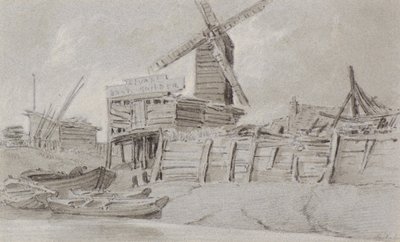 風車とボートヤード、1803年頃（木炭、鉛筆、ウォッシュ） 作： Amelia Long