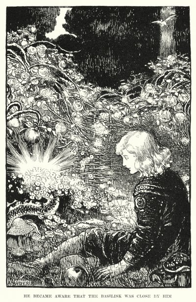 バジリスクが自分の近くにいることに気づいた。 作： Amelia M. (attr.to) Bowerley or Bauerle