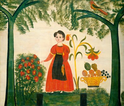 花と Distelfink を持つ赤の少女 作： American 19th Century