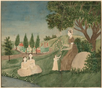フローラル リースを作る母と 3 人の子供 作： American 19th Century