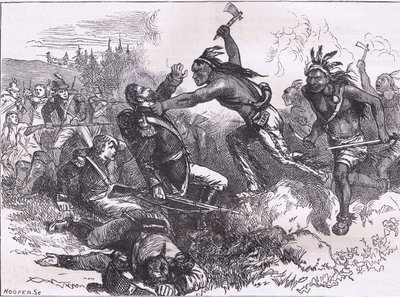 ディアボーン砦でのインディアンの攻撃、1900年頃にCassell, Petter & Galpin社から出版された『Cassells History of the United States』の挿絵（リトグラフ）。 作： American English school