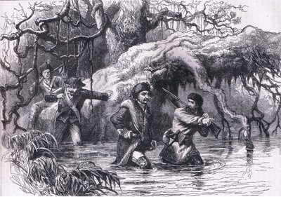 ワバッシュ川を渡るクラークと兵士たち（1900年頃、Cassell, Petter & Galpin社発行「Cassells History of the United States」より）。 作： American English school