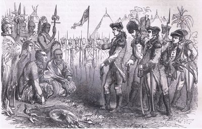 インディアンに演説するバーゴイン将軍、1900年頃にCassell, Petter & Galpin社から出版されたCassells History of the United Statesからの挿絵（リトグラフ）。 作： American English school
