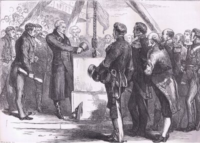 バンカーズヒル記念碑の礎石を据えるラファイエット（1900年頃、Cassell, Petter & Galpin社発行「Cassells History of the United States」より）。 作： American English school